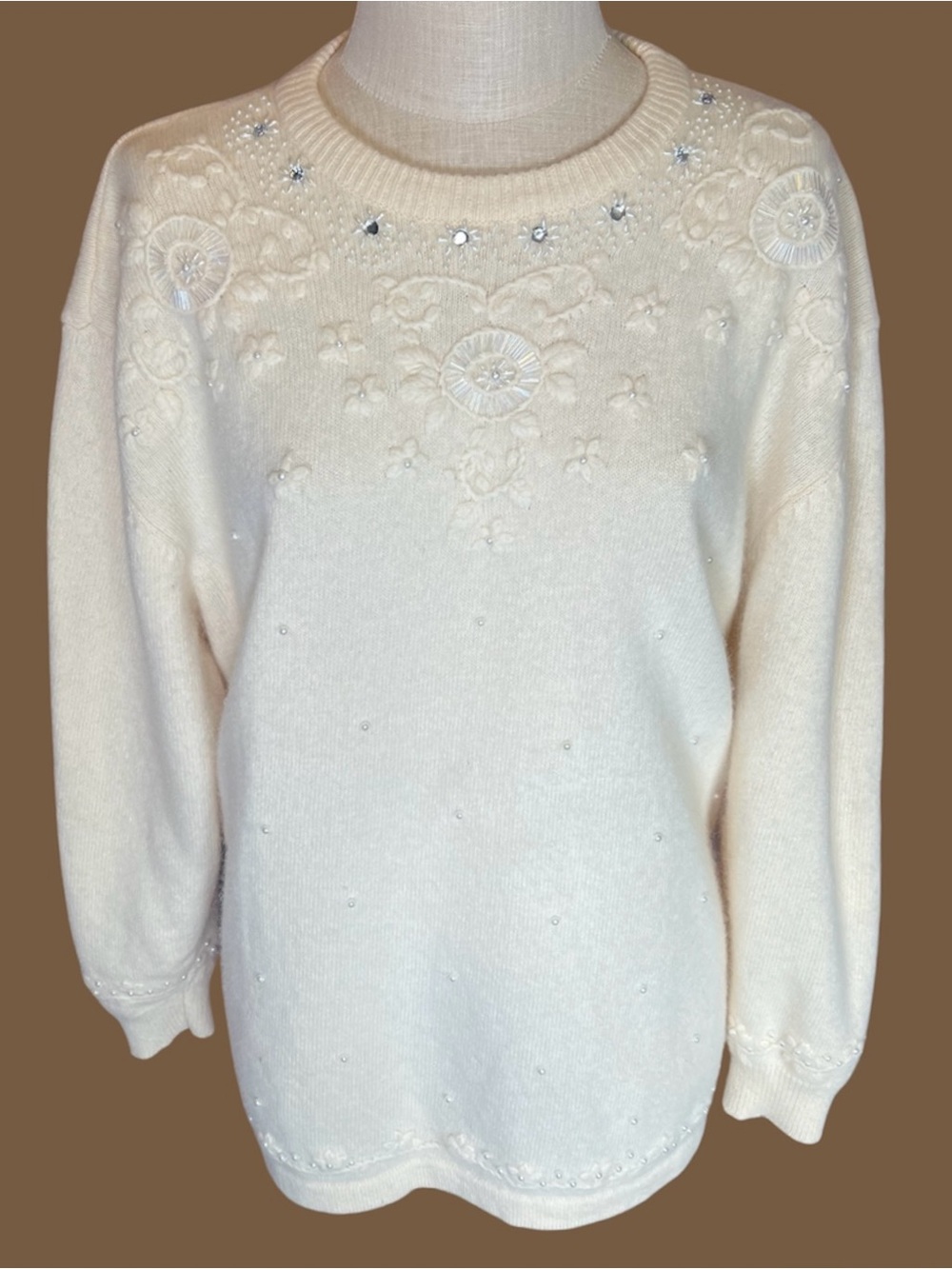 🤍Ivory Wool/Angora Vintage Crewneck Sweater w Embroidery & Beading • Size 2XL